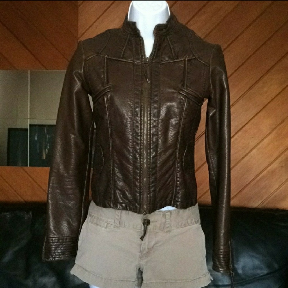 Faux Leather Jacket, Dark Brown